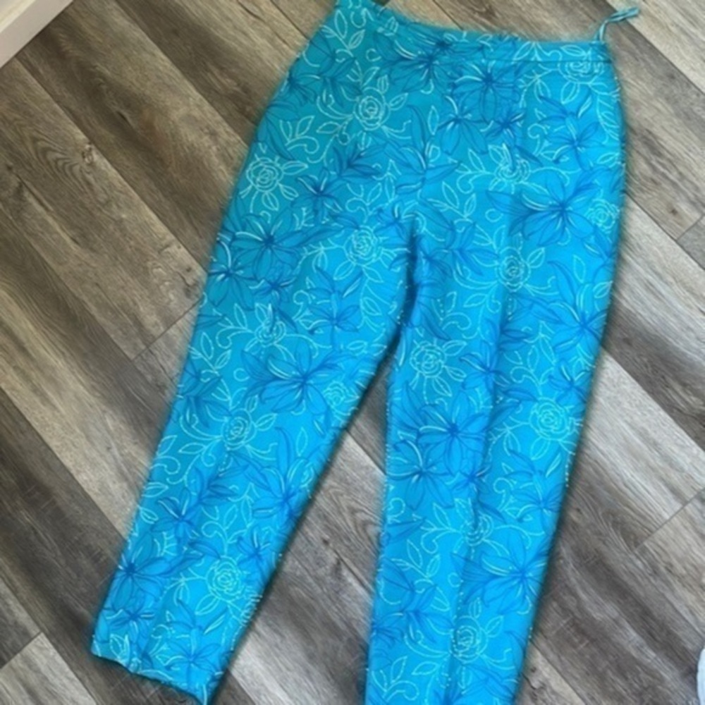 Adriana Papell pants 100% silk aqua with beading size 14 women’s